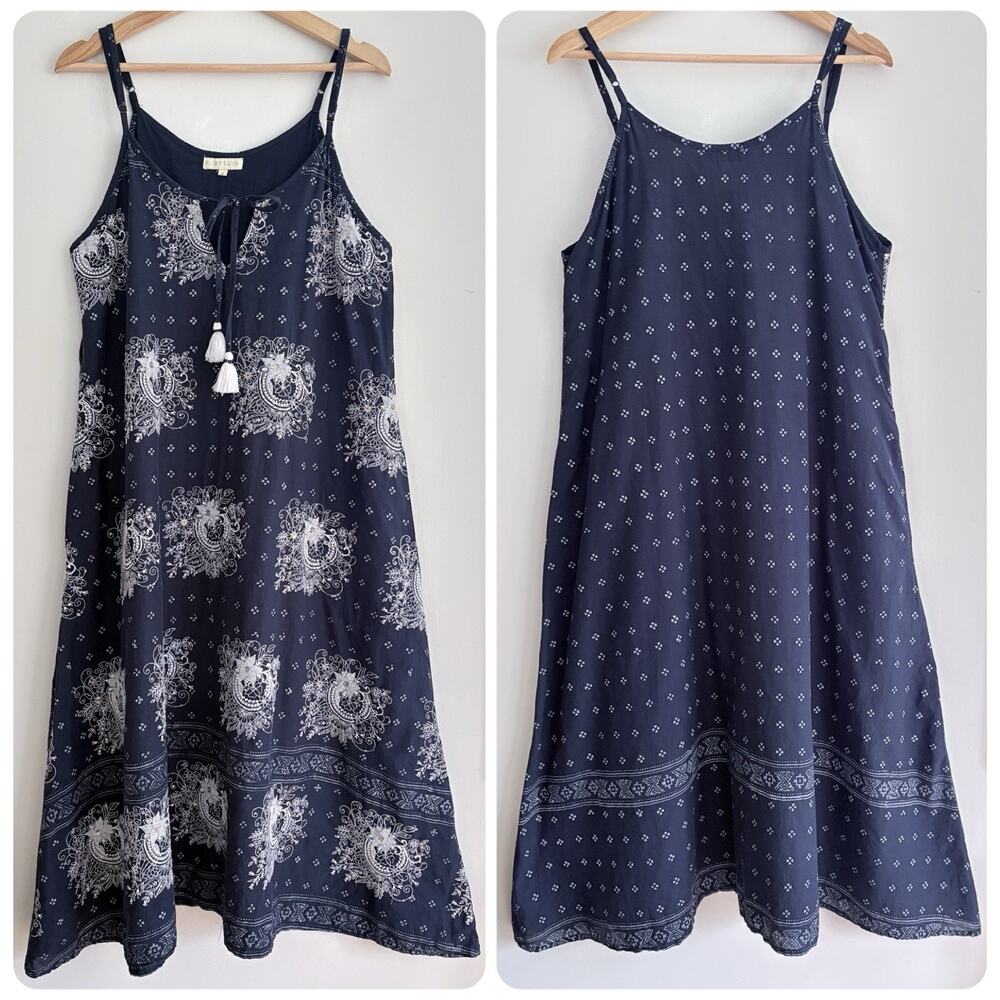 Rubyyaya Bandana Print Floral Embroidery Sequin Tassel Cotton Dress Navy White M